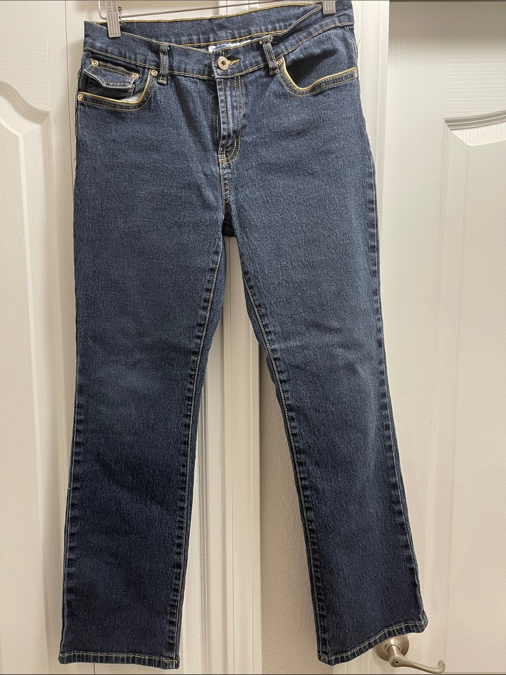 DG2 by Diane Gilman Dark Blue Boot Cut Jeans with Gold Stitching